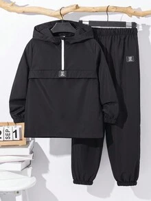 SHEIN 2pcs Tween Boys Semi-Open Hooded Jacket And Tapered Pants Set, Casual Sports Style For Autumn/Winter - Black - View 7