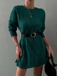 EURMUSE Casual Loose Solid Color Long Sleeve Women Sweater Dresses - Dark Green - View 3