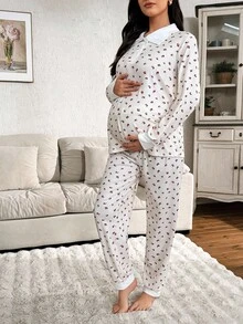 Moonlight&Mama 2pcs Maternity Contrast Collar Ditsy Floral Long Sleeve Pajama Set, Maternity Pajamas Set, Sleep Wear Women 2 Piece Set, Winter - Multicolor - View 5