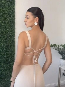 Andrea Bello 素色露背繫帶吊帶洋裝 - 米色 - 查看 5