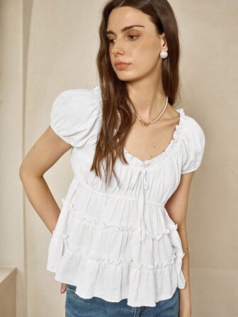 Cévolie 女式纯色V领褶饰休闲短袖上衣