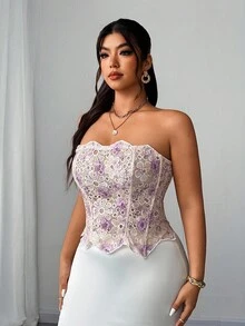 Elenzga Top bustier de encaje floral de talla grande, moda ajustada para vacaciones - Blanco - Ver 4