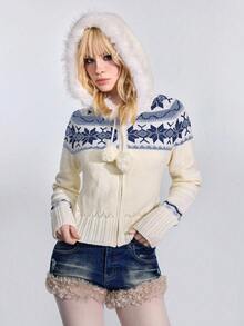 ROMWE Avant American Vintage College Style Sweet & Spicy Fuzzy Knit Atmosphere Beige Fitted Short Zip-Up Hooded Long Sleeve Cardigan Sweater For Women, Autumn/Winter