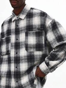 SUMWON Plaid Flannel Button Down Oversized Winter Shacket With Chest Logo Patch Regular Collar Long Sleeve Street Style Casual Outerwear - Black and White - View 4