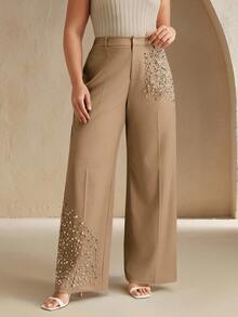 Anewsta Plus Size Fashionable Beaded Women Pants - Khaki - View 4