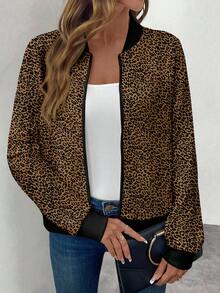 SHEIN LUNE 女士休闲豹纹拉链夹克，适合秋冬季 - 彩色 - 查看 4