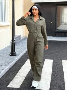 Women's Long Sleeve Button Design Drawstring Waist Wide Leg Denim Jumpsuit - Army Green - View 3