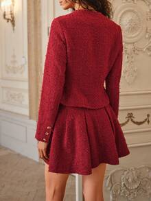 SHEIN Glamour 2 件套女士勃艮第简约金色金属纽扣装饰长袖夹克和 A 字裙套装，秋冬装，女士商务休闲套装 - 紅色 - 查看 2