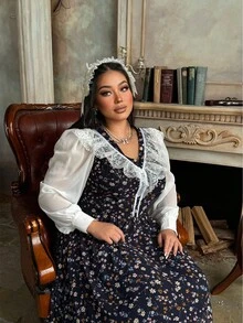 Lyrianda Vintage Romantic Floral Lace Patchwork Elegant Contrast Color Dress