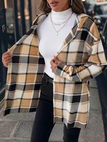 SHEIN Clasi Women's Elegant Plaid Print Flannel Hooded Long Sleeve Jacket Autumn Winter Clothes For Women