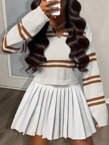 Slaydiva Áo len chui đầu cổ chữ V kẻ sọc thường ngày dành cho nữ, Thu/Đông - Màu be - Xem 9