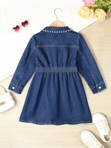 Rochie elegantă din denim pentru fete, cu mânecă lungă și decor cu perle - Spălare medie - Vizualizare 2