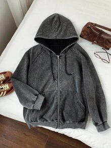 SHEIN EZwear 2025新款加大码卫衣，黑色斑点，宽松版型，带口袋，适合派对、约会、休闲、户外、居家等多种场合穿着，秋冬季拉链卫衣女休闲外套 - 黑色 - 查看 9