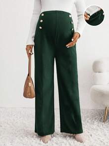 SHEIN Maternity Solid Color Adjustable Waist Button Design Wide Leg Casual Pants - Dark Green - View 3