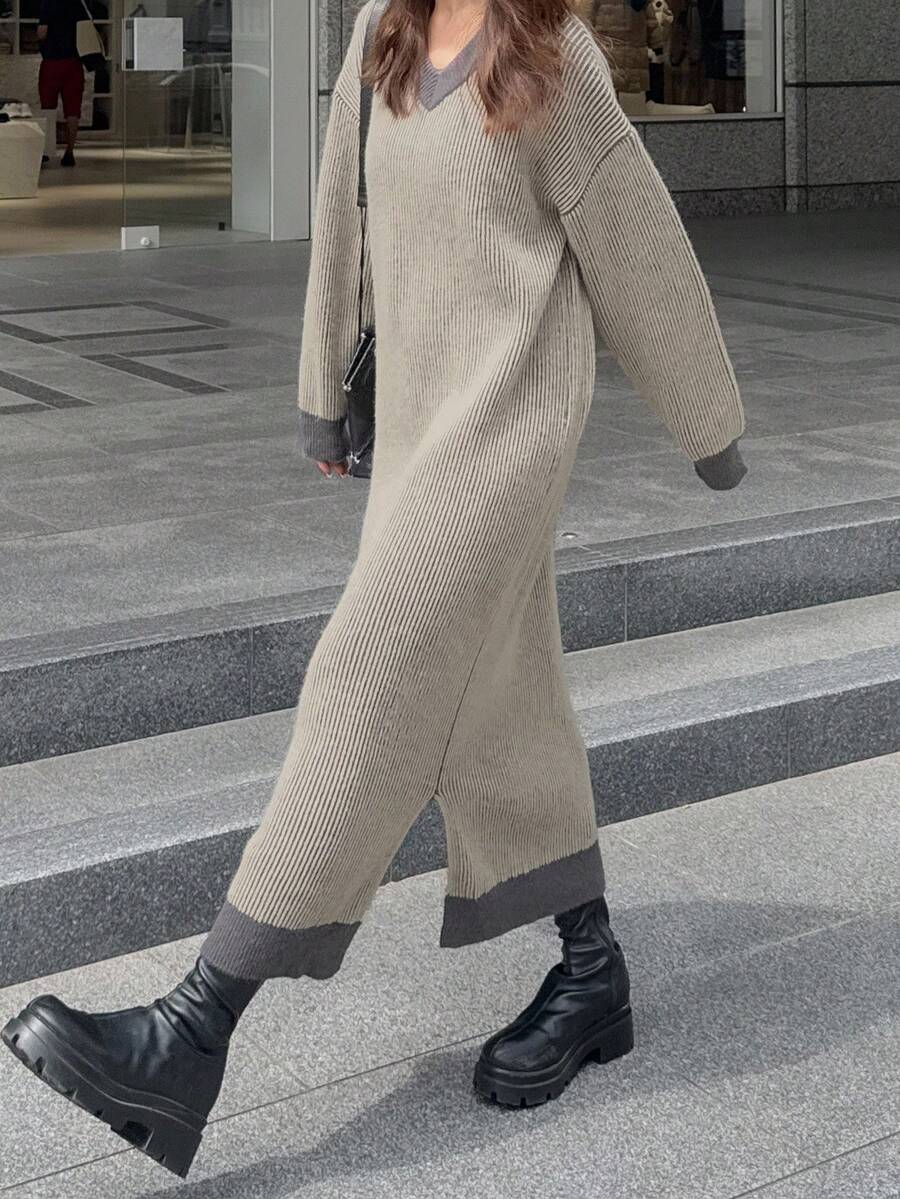 FRIFUL 女式落肩长袖V领宽松休闲直筒长款毛衣连衣裙 - 彩色 - 查看 1