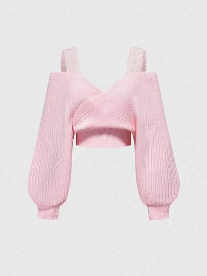 Loose Sexy French Lace Spaghetti Strap Deep V Off Shoulder Sweater