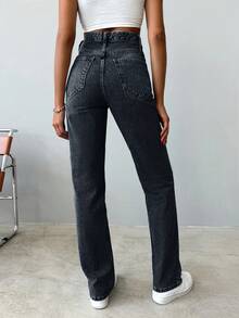 SHEIN Tall Tall High Waist Snow Wash Straight Jean - Dark Grey - View 2