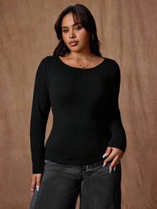 Rustia Tricou negru simplu pentru femei, mărime plus, cu guler rotund, elastic, mânecă lungă - Negru - Vizualizare 6