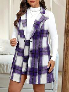Vionelle Bộ vest và váy kẻ caro 2 mảnh cho nữ cỡ lớn - Màu tím - Xem 3