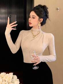 DAZY Women's Solid Color Fitted Pleated Mock Neck Long Sleeve Casual Base Layer T-Shirt, Autumn/Winter - Apricot - View 2