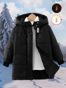Young Girl' Casual Hooded Long Padded Coat, Winter - Black - View 4