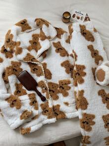 Comfortcana 2pcs Women Casual Bear Print Jacket And Pants Set, Autumn/Winter Fluffy Pajamas