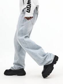 SUMWON Classic Wide Leg Light Wash Denim Jeans Premium Straight Cut High Rise Retro Style Streetwear Pants With Chunky Platform Shoes Fall Winter Collection Plain - Blue - View 4