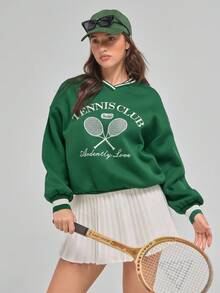 Fluxe Women's Embroidered Tennis Club Sweatshirt, Contrast Striped Ribbed Trim, Soft Feel, V-Neck, Relaxed Fit, Sporty Chic Design,Suitable For Autumn/Winter