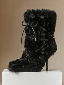 SHUZIA Botas de tacón de aguja con puntera puntiaguda, de piel sintética esponjosa y suave, para mujer, cómodas y cálidas para invierno, fiestas y ocasiones especiales - Negro - Ver 2