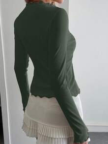 DAZY Women's Lace Frill Trim Fitted Cardigan Long Sleeve Top - Army Green - View 2