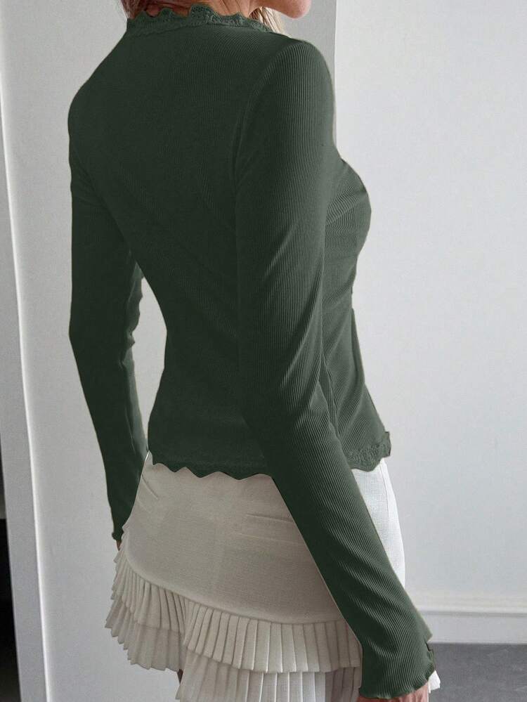 Women's Lace Frill Trim Fitted Cardigan Long Sleeve Top