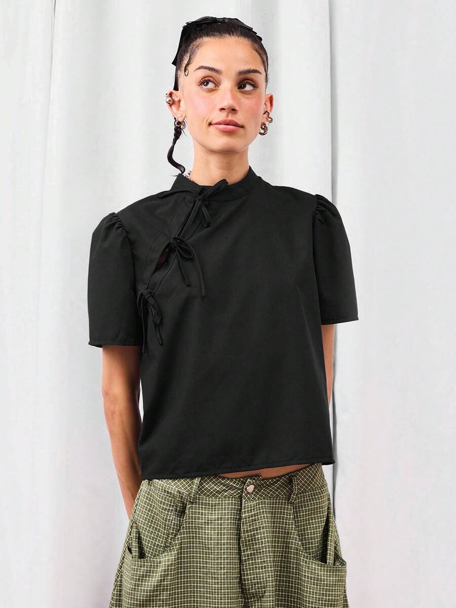 COUREZ Top con mangas abullonadas y detalle de lazo / Top lindo de estilo Y2K para salir, sexy - Negro - Ver 1