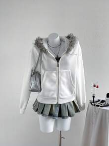 Sweetra 美式复古字母印花连帽短款拉链卫衣夹克，带毛领，秋季设计女式拉链连帽衫 - 白色 - 查看 1