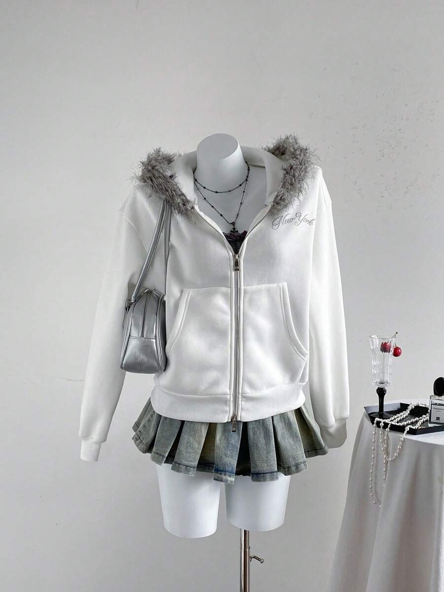 Sweetra 美式复古字母印花连帽短款拉链卫衣夹克，带毛领，秋季设计女式拉链连帽衫 - 白色 - 查看 1