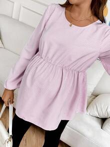 SHEIN 孕妇休闲条纹灯笼袖荷叶边上衣，适合日常通勤，春秋季 - 粉色 - 查看 3