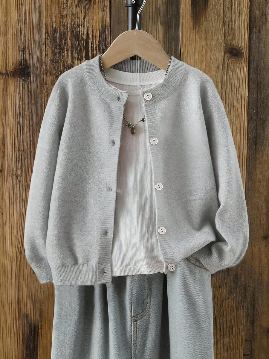 青少年女孩开衫优雅百搭新款秋冬针织长袖基本款休闲宽松柔软外套毛衣 - 灰色 - 查看 1