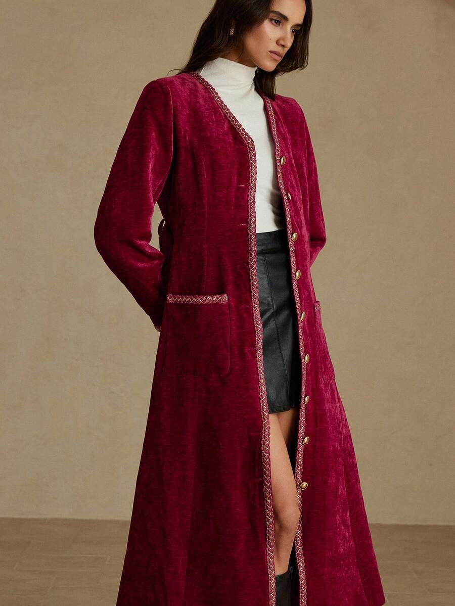 GENKIRA Jaket Wanita Model V-Neck dengan Ikat Pinggang, Jaket Ikat Pinggang Kelas Atas - Merah - View 1