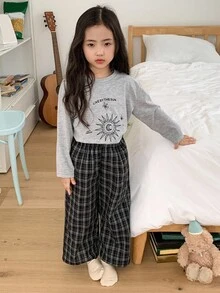 DAZY 2 件套年轻女孩针织印花长袖 T 恤 + 编织格子裤睡衣套装，秋季 - 灰色 - 查看 6
