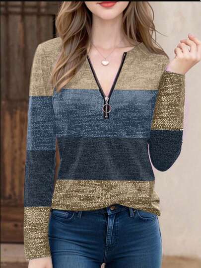 EMERY ROSE Women Spring And Autumn Casual Color Block Front Zipper Long Sleeve T-Shirt Graphic Tees Women Tops For Spring Outfit