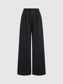 Sweetra Women's Casual Loose Elastic Waist Faux Placket Relaxed Fit Wide Leg Sweatpants, Suitable For Commuting, Travel, Work, Spring/Autumn - Black - View 1