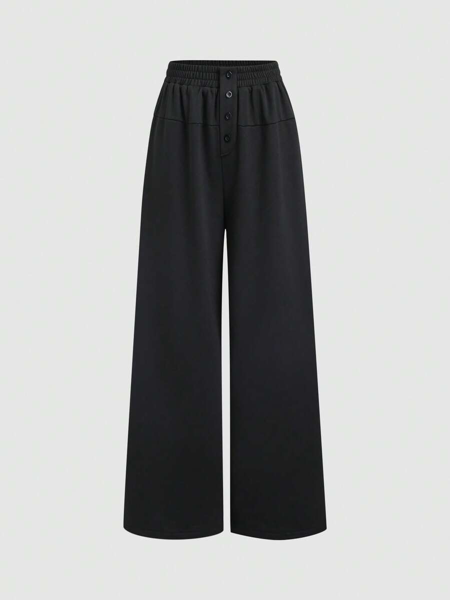 Sweetra Women's Casual Loose Elastic Waist Faux Placket Relaxed Fit Wide Leg Sweatpants, Suitable For Commuting, Travel, Work, Spring/Autumn - Black - View 1