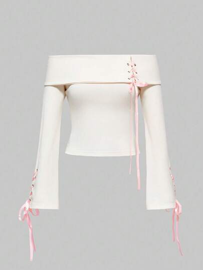 Kawaii Women Sweet Casual Pure Linen Tie Front Top With Off Shoulder And Flare Sleeves