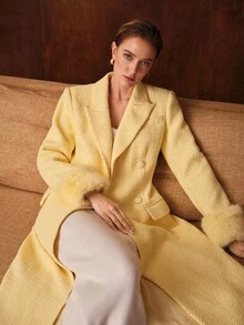 MOTF PREMIUM PLUSH SLEEVE PATCHWORK LONG WOOL BLEND OVERCOAT, AUTUMN/WINTER - Yellow - View 8