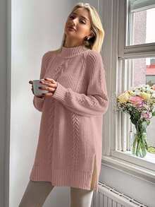 EURMUSE Cable Pattern Mock Neck Raglan Sleeves Mini Sweater Dress - Pink - View 6