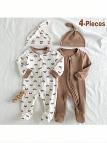Loomiva Newborn Baby Girl Graphic Soft Knitted Round Neck Long Sleeve Jumpsuit 3-Piece Set Cartoon