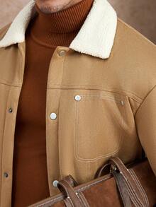 Manfinity Homme Men's Autumn And Winter New Suede Warm Fabric Camel Solid Color Inner Fleece Collar Jacket, Anniversary Gift Brown Jacket Men Men Outerwear,This Is A Versatile Coat For Daily Commuting And Traveling. It's A Gift For Your Husband, Boyfriend, And Friends. It Features A Casual And Simple Style, A Mature Urban Look, And A Laid-Back Urban Vibe - Camel - View 3