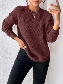 Women's Solid Color Round Neck Drop Shoulder Long Sleeve Casual Pullover Sweater, Autumn/Winter - Coffee Brown - View 5