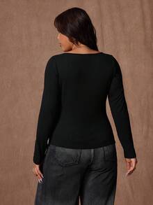 Rustia Tricou negru simplu pentru femei, mărime plus, cu guler rotund, elastic, mânecă lungă - Negru - Vizualizare 8