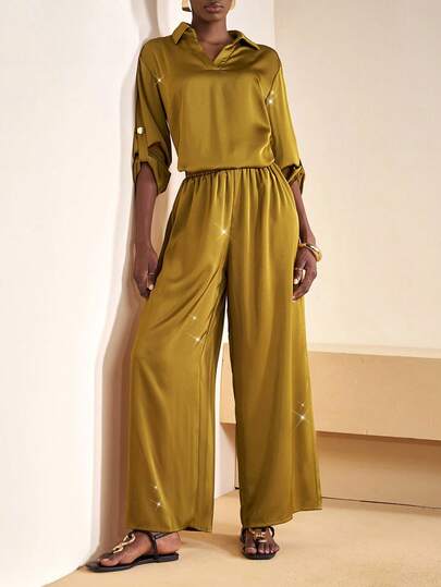 Zivah 20  New Music Festival Western Nomadic Style Birthday Party Graduation Collegiate Casual Daily Wear Basic Versatile Leisure Cruise Travel Beach Sunbathing Viral Street Style Halloween Costume Wedding Guest Boho Chic Commute Casual Elegant Resort Daily Date Commute Work Minimalist Basic V-Neck Long Sleeve Loose Top + Wide Leg Extra Long Pants Satin Green Women 2-Piece Set,Christmas Clothes For Women,Thanksgiving Outfit For Women