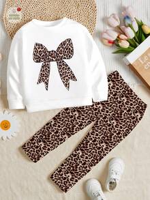 SHEIN Bộ 2 món/Bộ đồ nữ cổ tròn tay dài in họa tiết da báo cổ điển trang trí nơ màu trắng, thường ngày, phong cách đường phố, Punk, cổ điển, trang phục trở lại trường cho mùa thu/đông - Nhiều màu - Xem 2